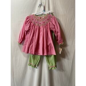 NWT Petit Ami Cotton Blend Pink & Green Smocked Floral Pant Set 24M